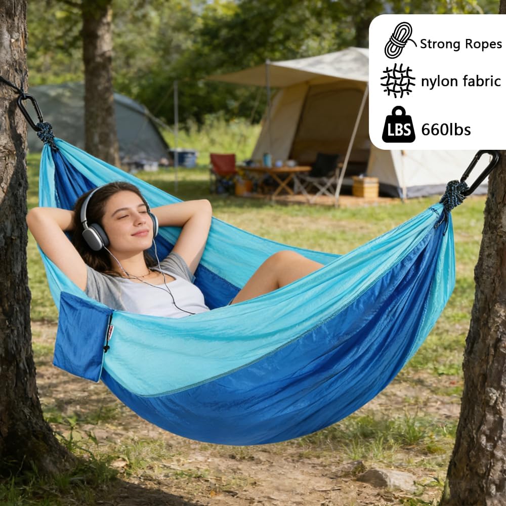 Camping Hammock, Portable Hammocks with Tree Straps & Attached Carry Bag, Travel Tree Hammocks for Outside Indoor Hiking Beach Backpack Travel(Blue, Nylon)