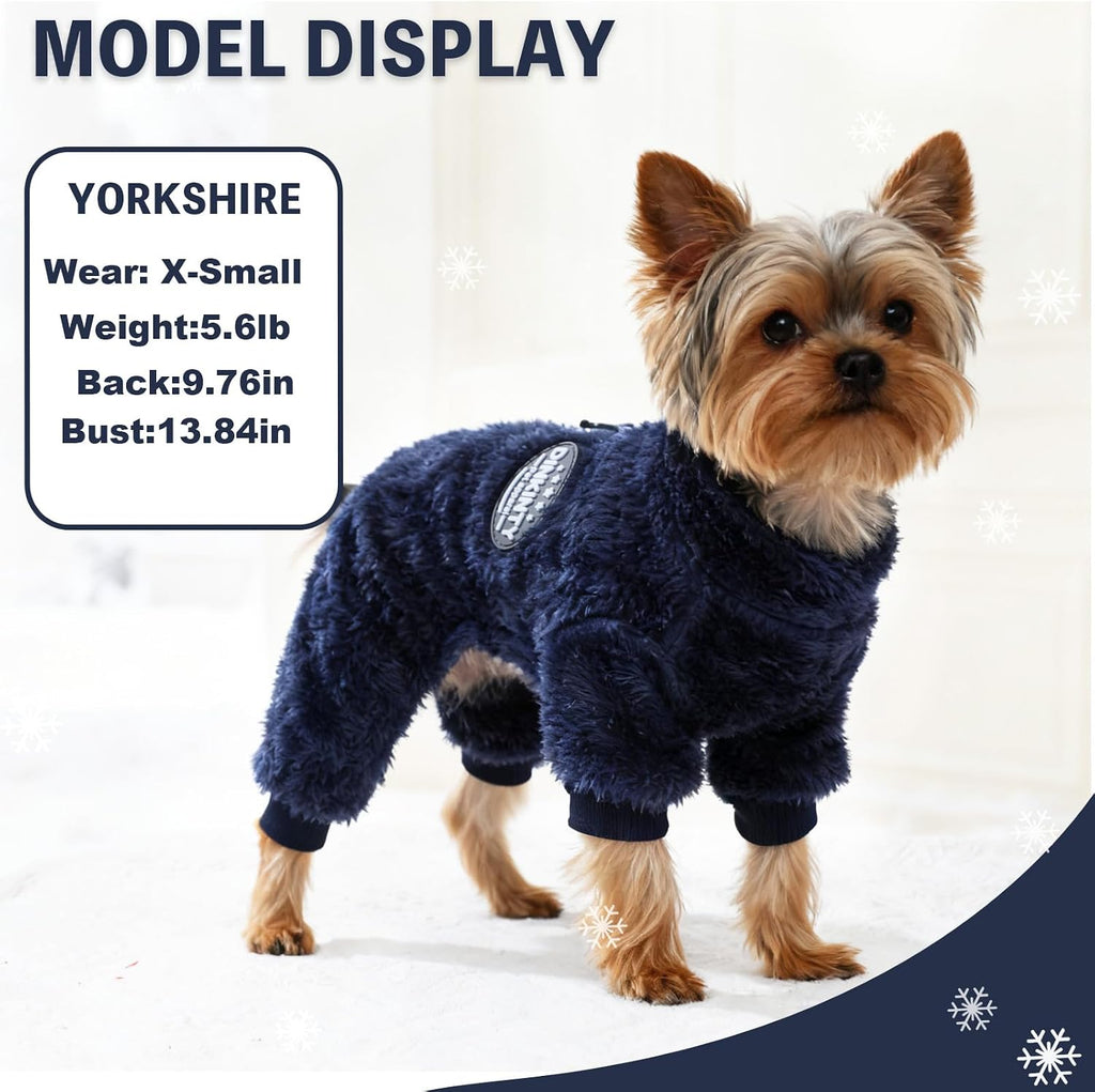 Fleece Dog Pajamas Winter Warm Dog Sweater for Small Dogs Thermal Soft Puppy Pjs Coat Stretchy Jumpsuit Doggie Pet Clothes Outfits Cat Apparel (Navy Blue, X-Small)