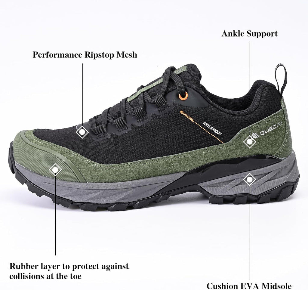 Queday Mens Waterproof Hiking Shoes Lightweight Outdoor Cordura Walking Shoes Breathable Hike Trekking Trails Camping Climbing