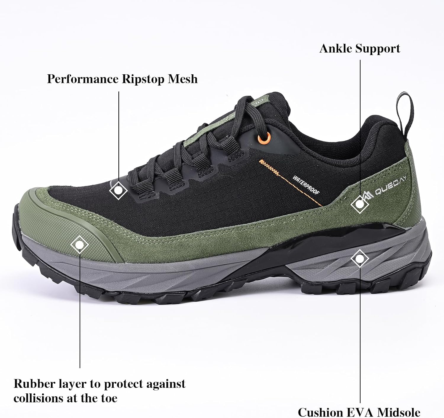 Queday Mens Waterproof Hiking Shoes Lightweight Outdoor Cordura Walking Shoes Breathable Hike Trekking Trails Camping Climbing