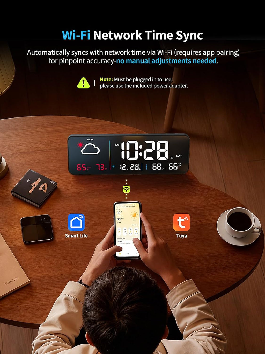 Digital Wall Clock, Digital Clock Large Display with Network Auto-Synced, Corded Smart LED Alarm Clocks Real-Time Shows Weather, Indoor/Outdoor Temp Humidity for Living Room Bedroom Classroom Office