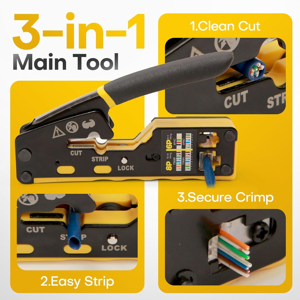 All-in-One RJ45 Crimp Tool Kit with Tester and Carrying Case, Pass Through Ethernet Crimper for Cat5 Cat5e Cat6, RJ11 RJ12 6P/8P, 50 Connectors and 50 Boots