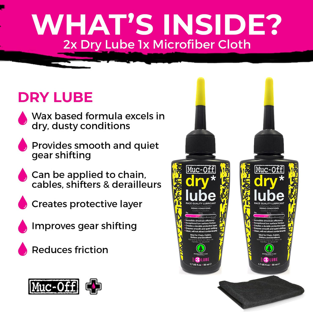 Muc-Off Bio Dry Bike Chain Lube 50ml (Pack of 2) Wax-Based Formula for Smooth Gear Shifts | Creates Protective Layer and Reduces Friction | Pipette System for Easy Application