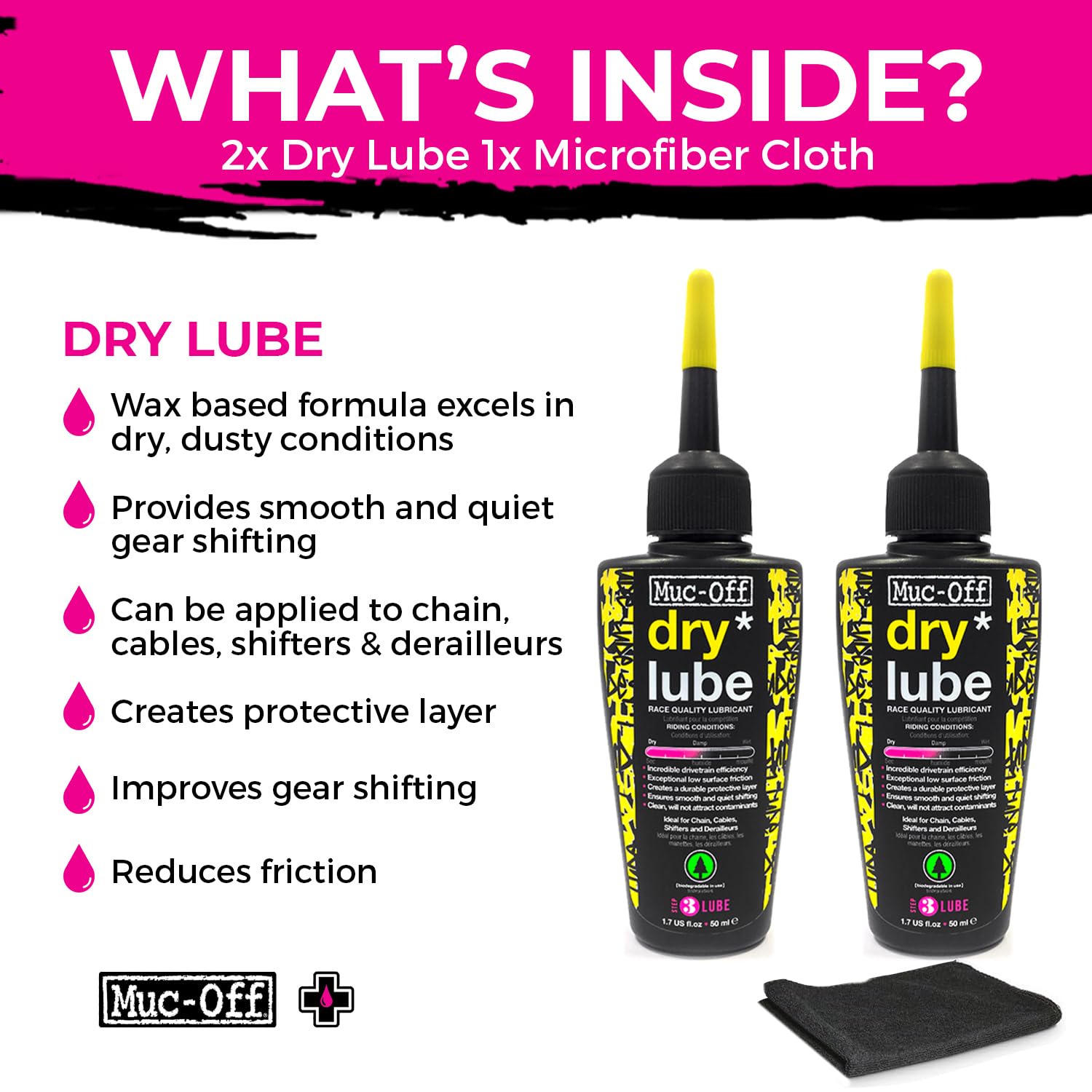 Muc-Off Bio Dry Bike Chain Lube 50ml (Pack of 2) Wax-Based Formula for Smooth Gear Shifts | Creates Protective Layer and Reduces Friction | Pipette System for Easy Application