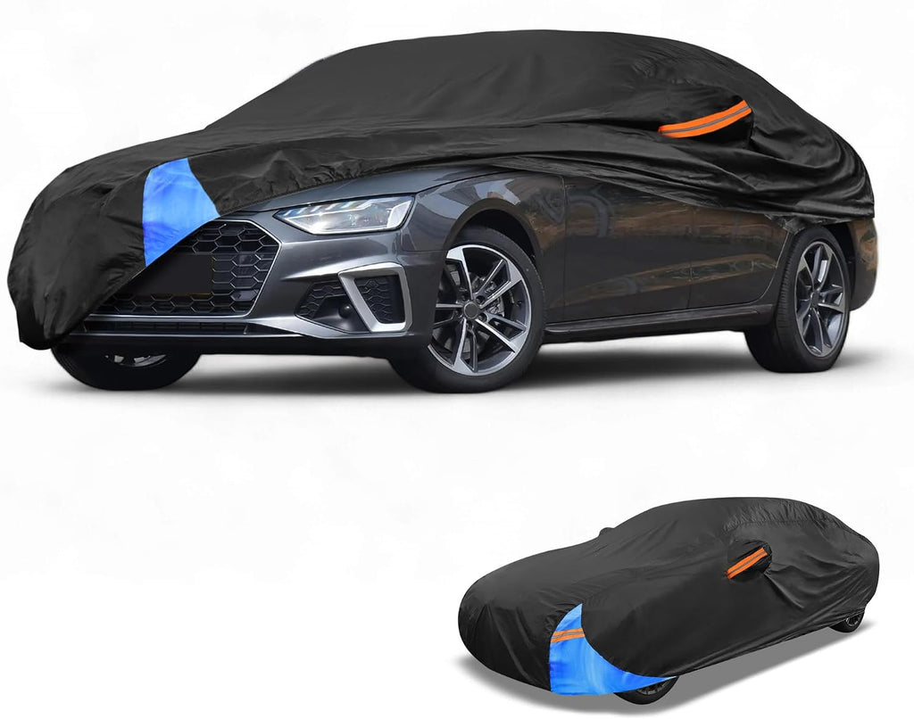 Waterproof All-Weather Universal Car Cover with Right Side Zipper, 210D-PU Black Blue Fits for Sedan 177" to 185" Length