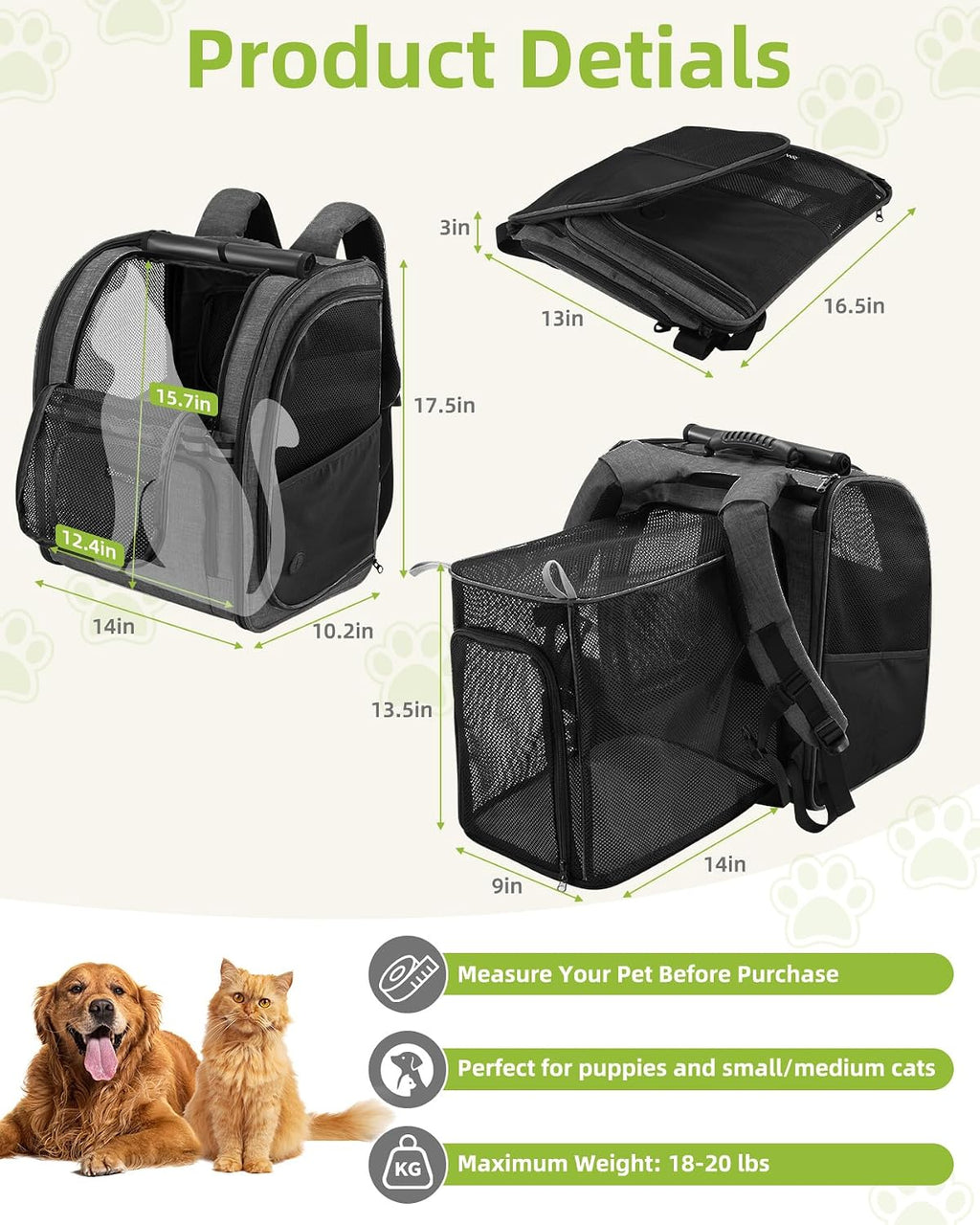 Expandable Cat Carrier Backpacks with Breathable Mesh, Pet Carrier Backpack for Cats Small Dogs Puppies Up to 20 Lbs, Dog Carrier Backpack Great for Travel/Hiking/Camping/Outdoor-Black