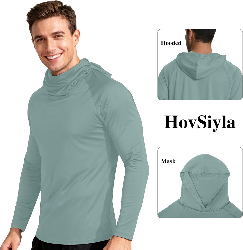 HovSiyla Mens Fishing Hoodie UV Sun Protection Shirts UPF Rash Guard Long Sleeve Shirts Hiking Performance Mesh Face Mask Top