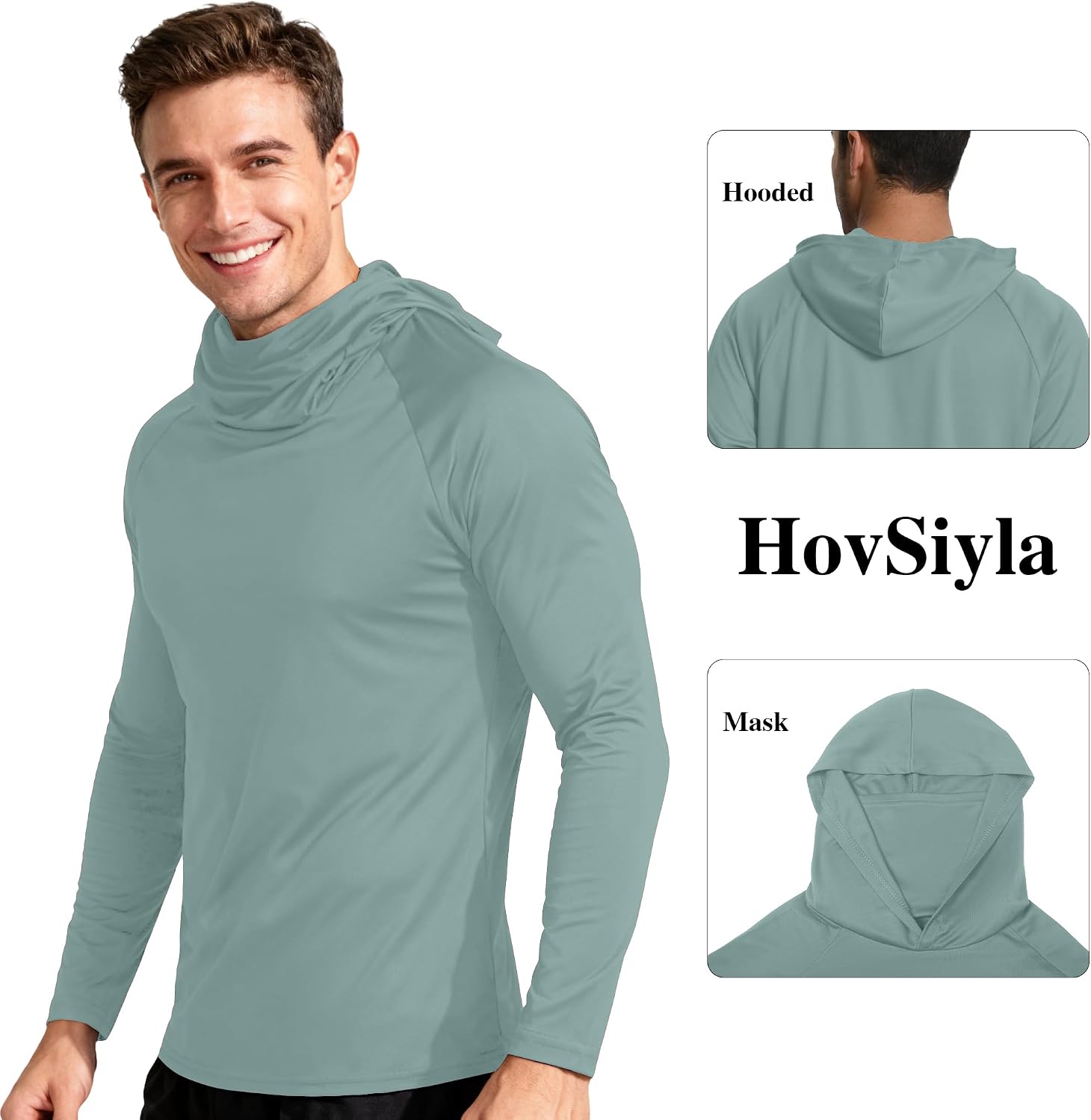 HovSiyla Mens Fishing Hoodie UV Sun Protection Shirts UPF Rash Guard Long Sleeve Shirts Hiking Performance Mesh Face Mask Top