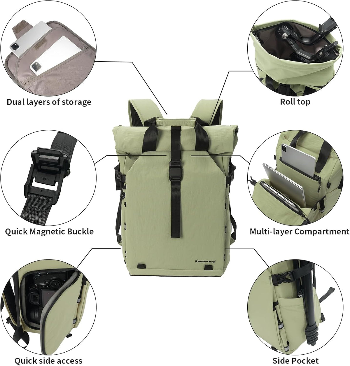 Besnfoto Camera Backpack, Expandable Roll Top Waterproof Photography Bag with Modular Dividers, Professional Camera Case for DSLR SLR Mirrorless Drones, Fits Up to 15.6 Inch Laptop