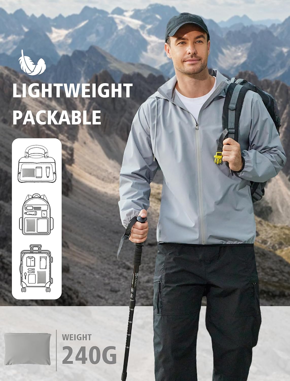 COOFANDY Men's Light Rain Jacket Packable Waterproof Raincoat Windbreaker