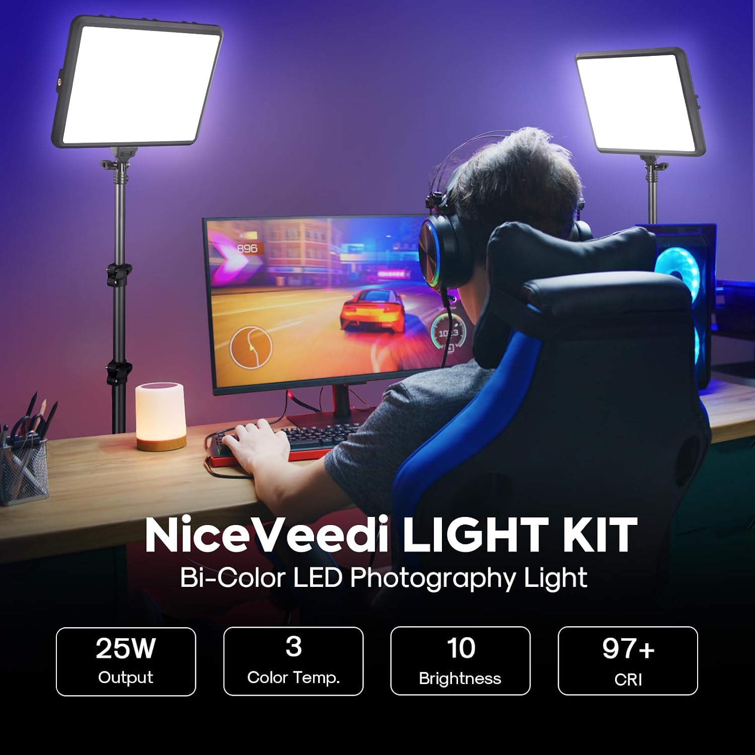 2-Pack Photography Lighting Kit, NiceVeedi 25W LED Video Light Kit, 2900-7000K Dimmable Studio Light with Tripod Stand, 73" Stream Light for Video Recording