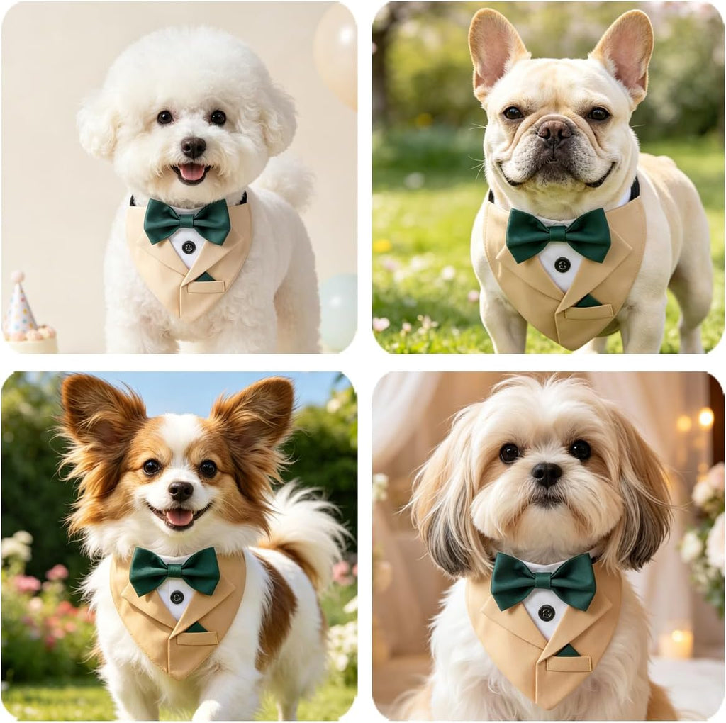 Yellow Dog Bandana with Green Bowtie, Formal Dog Collar Costume, Tuxedo Dog Collar for Wedding Engagement and Birthday (L)