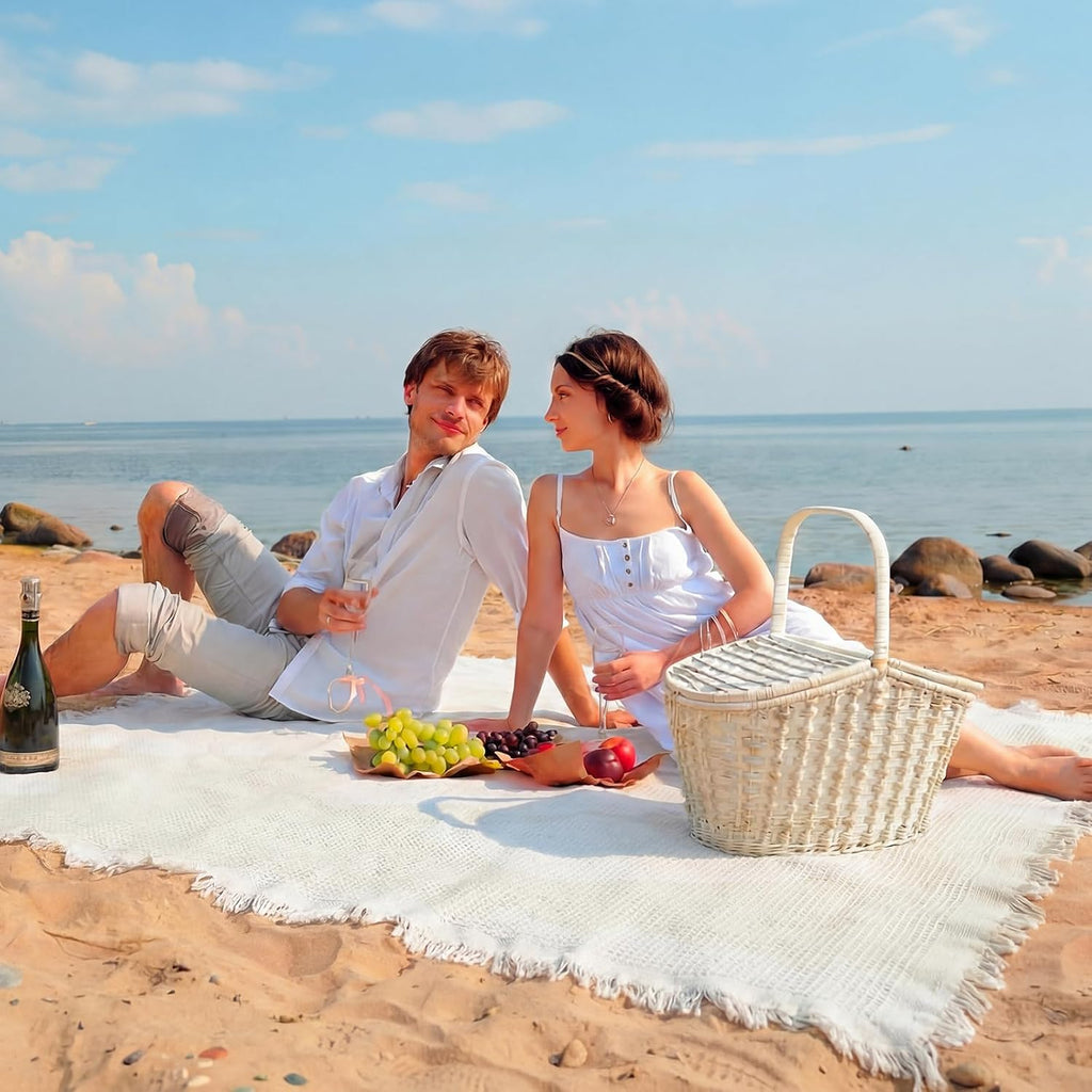 91x71 in Beach Blanket Picnic Blanket Cotton, Milky White, Waffle