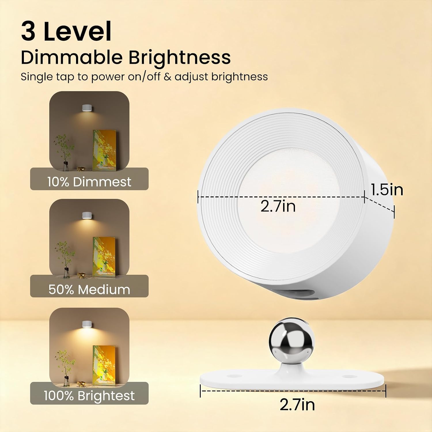 Koopala LED Wall Sconces, Wall Mounted Lamps with Rechargeable Battery Operated Dim 3 Brightness Removable Charging 360°Rotate Magnetic Ball, Cordless Wall Light for Reading Study Bedside Hallway