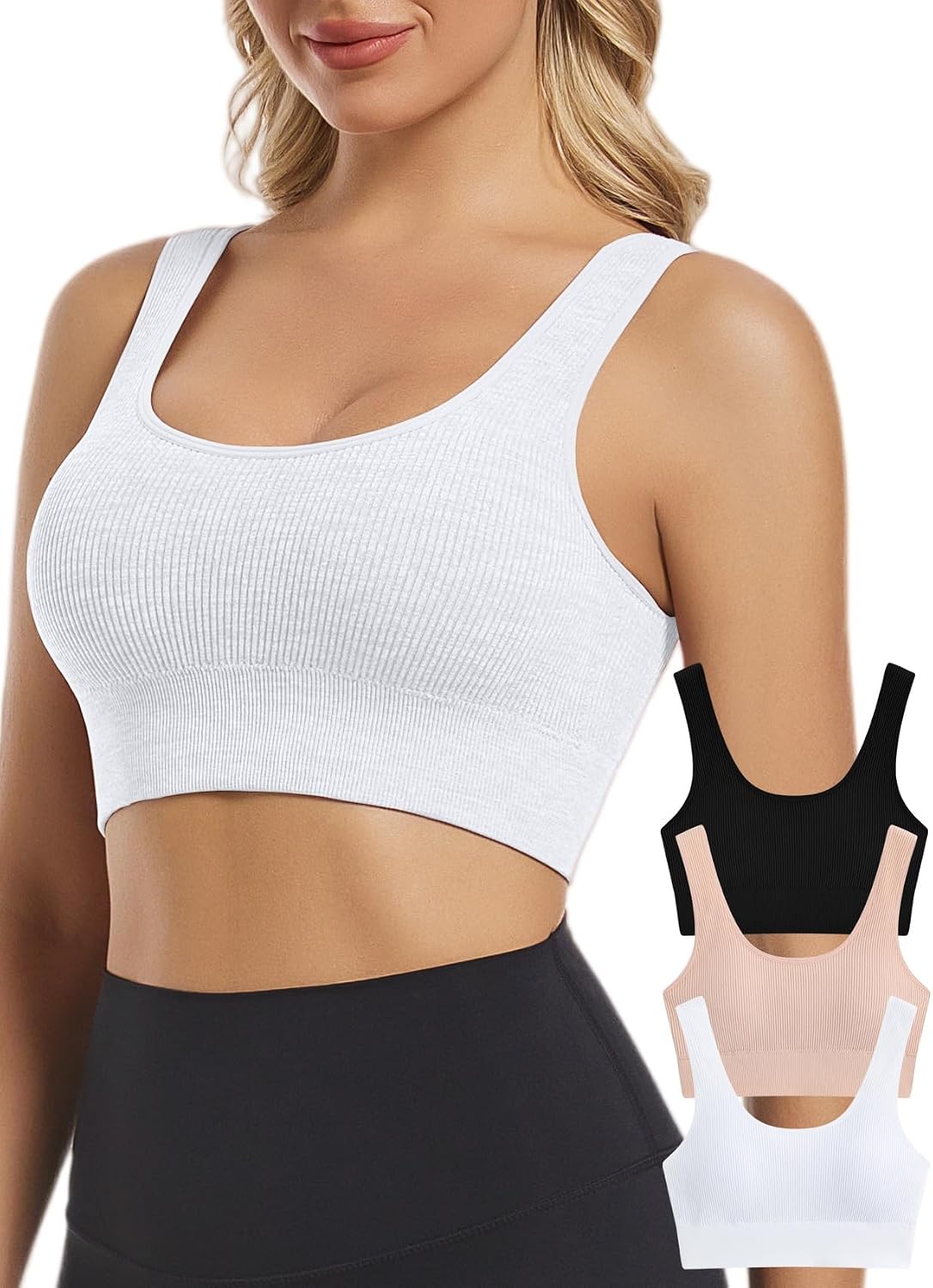 Chilylori Seamless Sports Bras for Women Pack of 3 Ribbed Sports Bra Tops