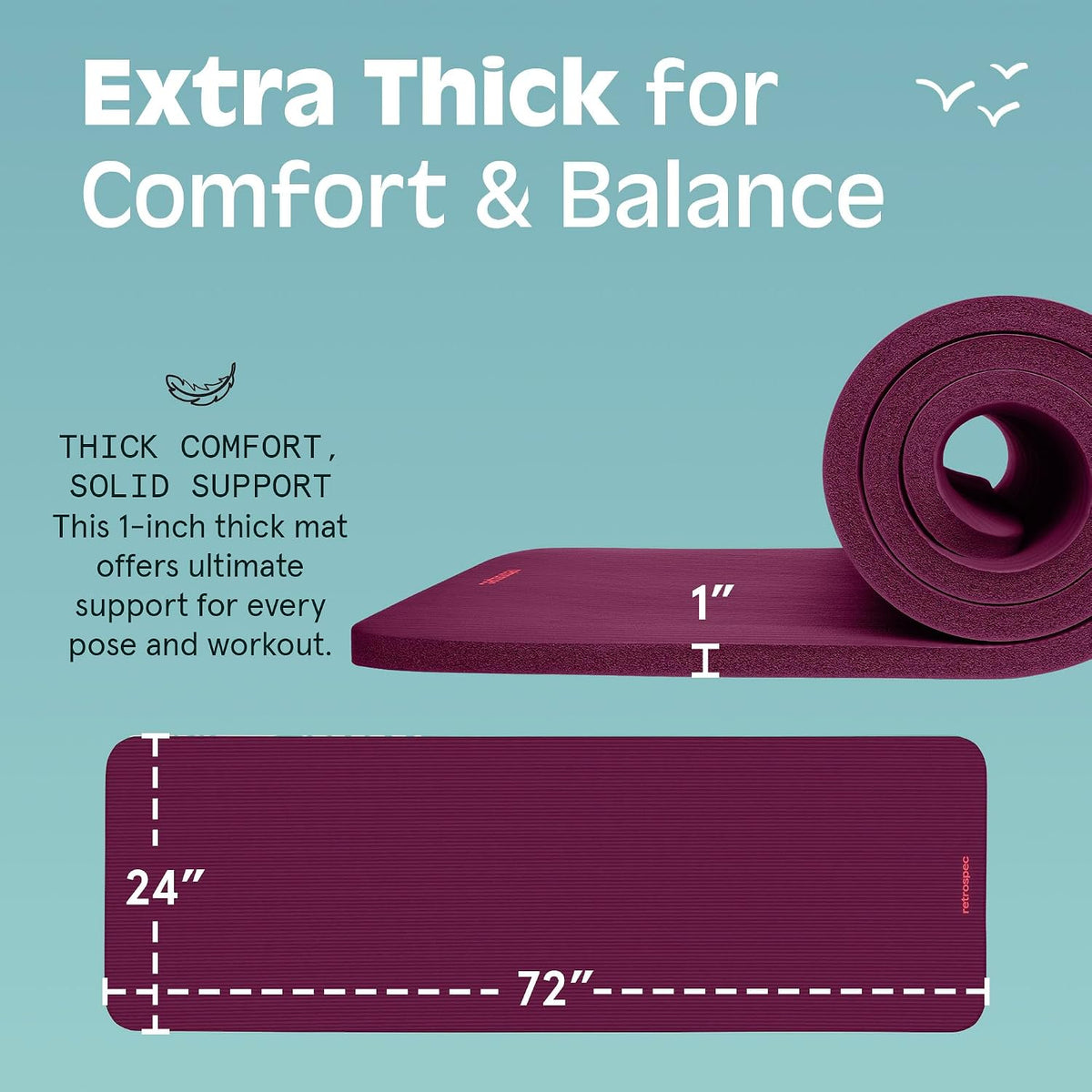 Retrospec Solana Yoga Mat 1" Thick w/Nylon Strap for Men & Women - Non Slip Exercise Mat for Home Yoga, Pilates, Stretching, Floor & Fitness Workouts