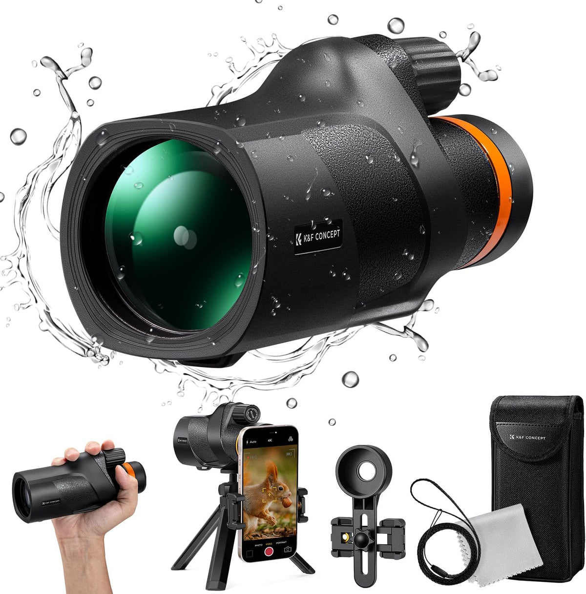 K&F Concept® 80x100 Monocular-Telescope for Adults IP68 Waterproof High Powered with Smartphone Adapter & Tripod, with BAK4 Prism and FMC Lens, for for Bird Watching Hunting Hiking Camping Travelling