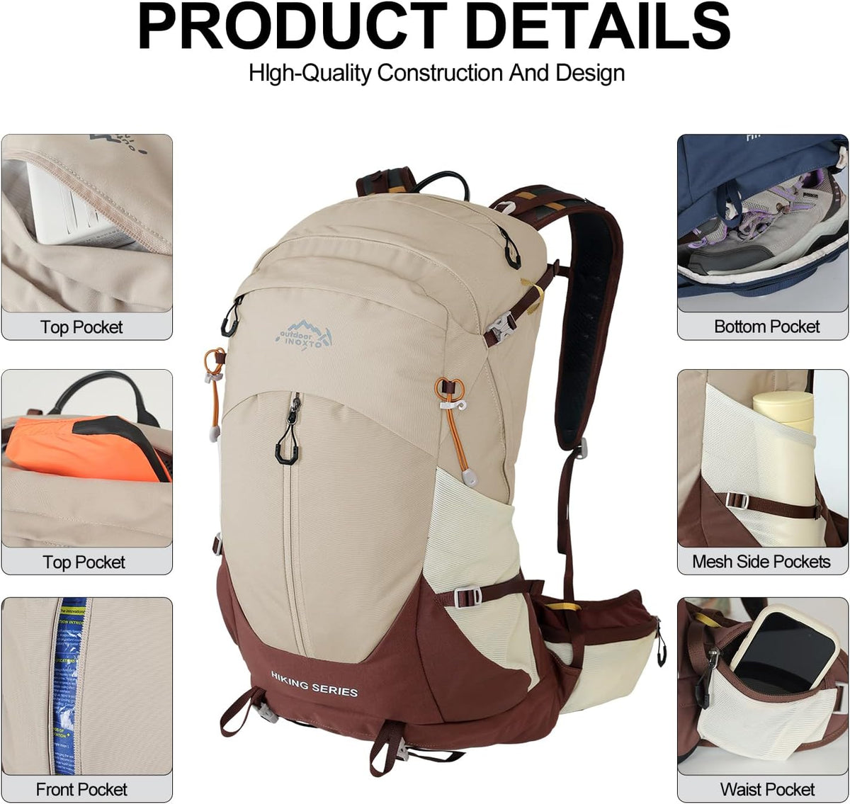 IX INOXTO Hiking Backpack, Camping Backpack, 30L Waterproof Hiking Daypack with 3L Water Bladder and Rain Cover (Khaki)