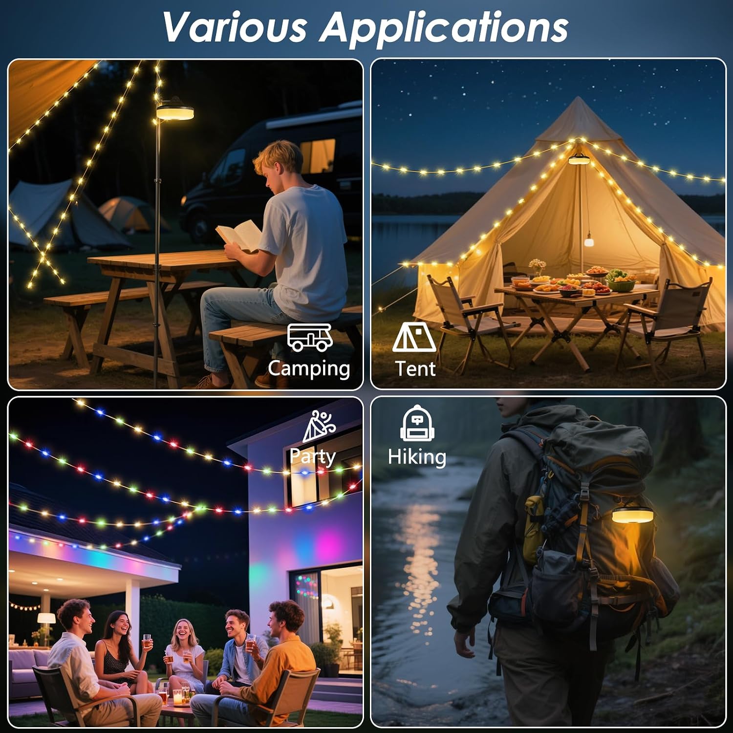 2 Pack Camping String Lights 4 in 1, 8 Modes Rechargeable Fairy Tent Lights