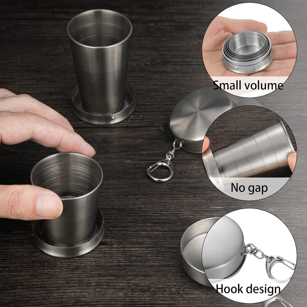Tessco for you 6 Pieces Collapsible Shot Glasses Stainless Steel Collapsible Cup Reusable Portable Travel Folding Cup with Lid and Keychain for Camping Hiking Cycling(2.5 oz)