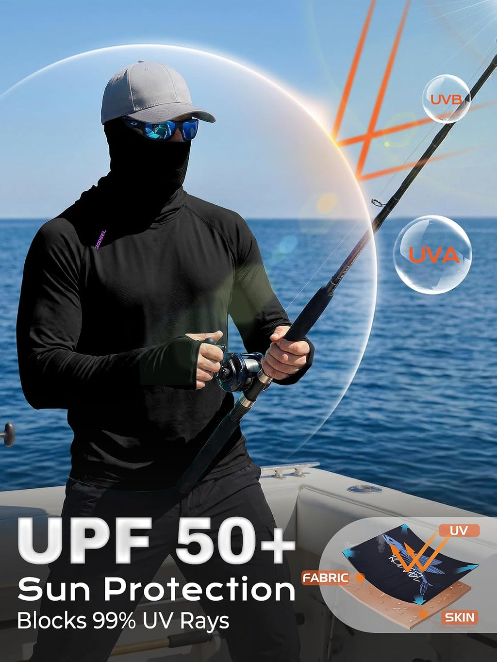 Rodeel UPF 50+ Men’s Long Sleeve Performance Fishing Hiking Shirt with Mask UV Neck Gaiter Hoodie