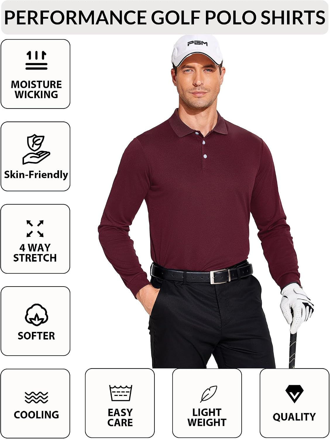 PINSPARK Men's Long Sleeve Golf Polo Shirts Moisture Wicking Quick Dry