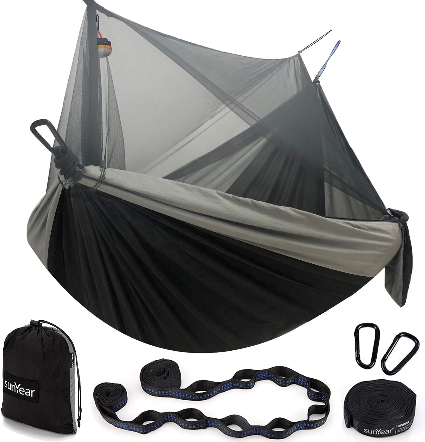 Sunyear Hammock Camping with Net/Netting, Portable Camping Hammock Double Tree Hammock Outdoor Indoor Backpacking Travel & Survival, 2 Tree Straps (16+1 Loops Each, 20Ft Total)