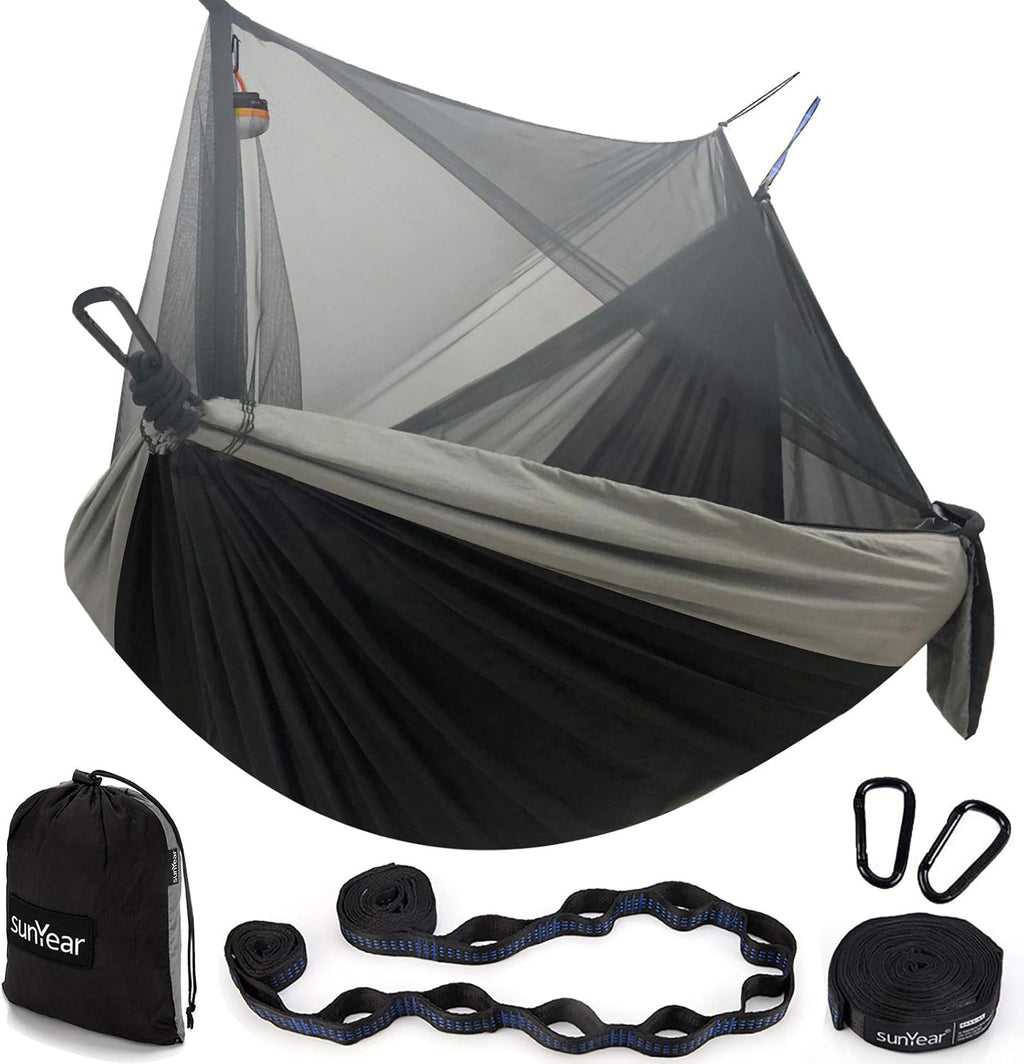 Sunyear Hammock Camping with Net/Netting, Portable Camping Hammock Double Tree Hammock Outdoor Indoor Backpacking Travel & Survival, 2 Tree Straps (16+1 Loops Each, 20Ft Total)