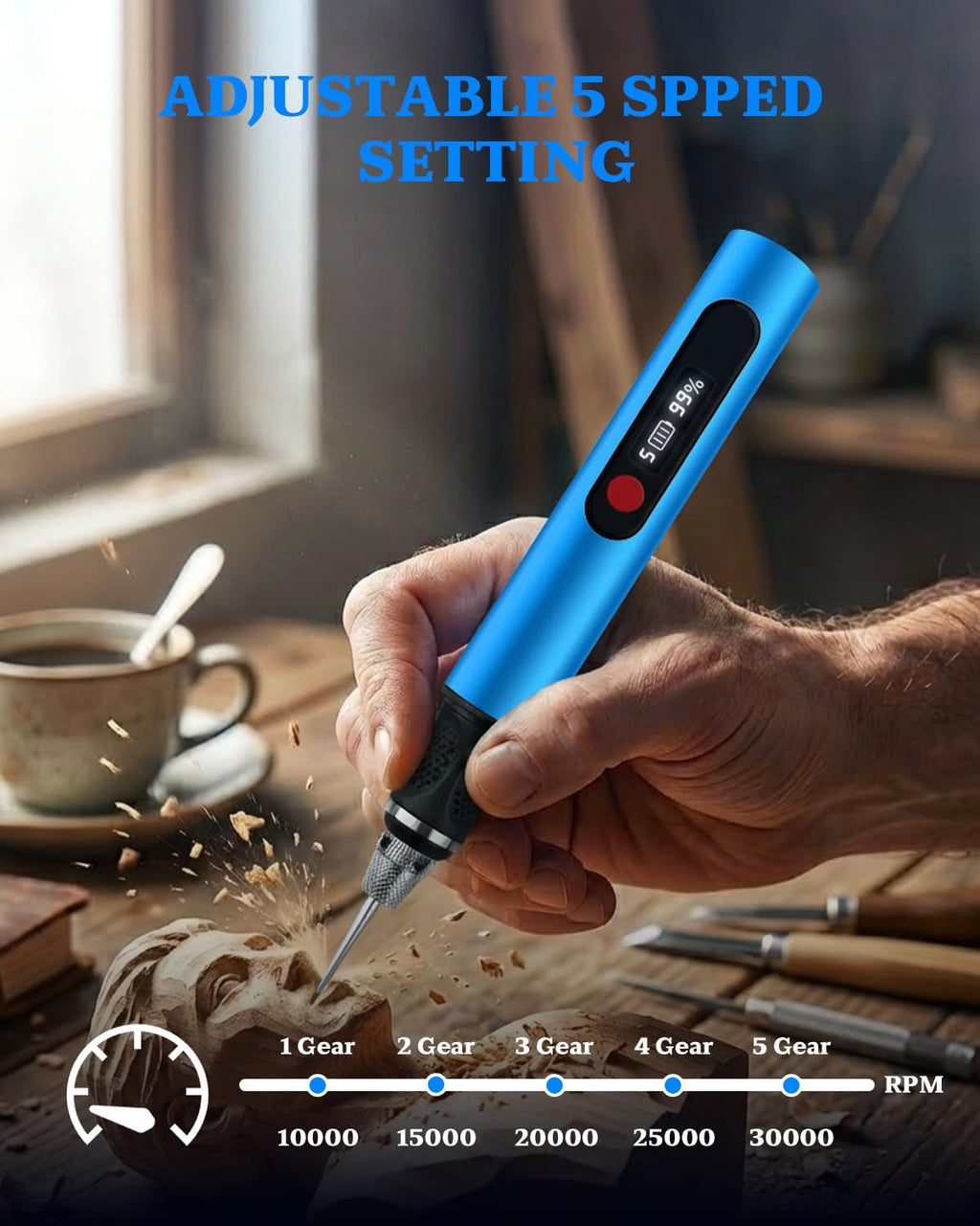Cordless Engraving Pen with LCD Display & Anti-Slip Grip,31 Bits & 5 Speeds, Electric Engraving Tool Kit for All Materials,Gifts for Artists, DIYers, Beginner, Blue