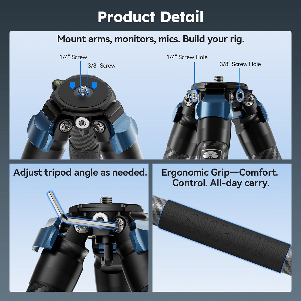 SIRUI 57"/145cm Carbon Fiber Camera Tripod, Max Laod 20KG, AM-324