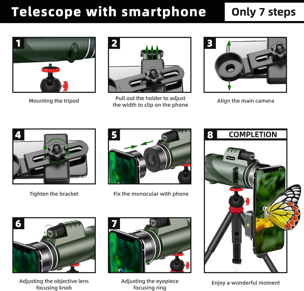 40X60 Monocular Telescope, High Power Monocular for Adults with Phone Adapter & Tripod & Hand Strap, Equipped with BAK4 Prism for Bird Watching