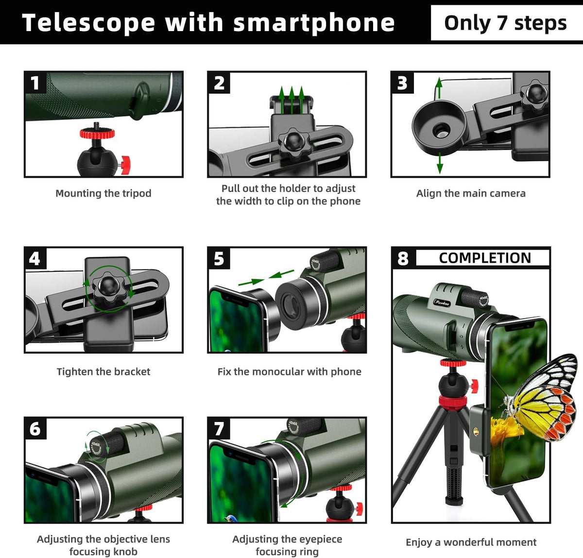 40X60 Monocular Telescope, High Power Monocular for Adults with Phone Adapter & Tripod & Hand Strap, Equipped with BAK4 Prism for Bird Watching