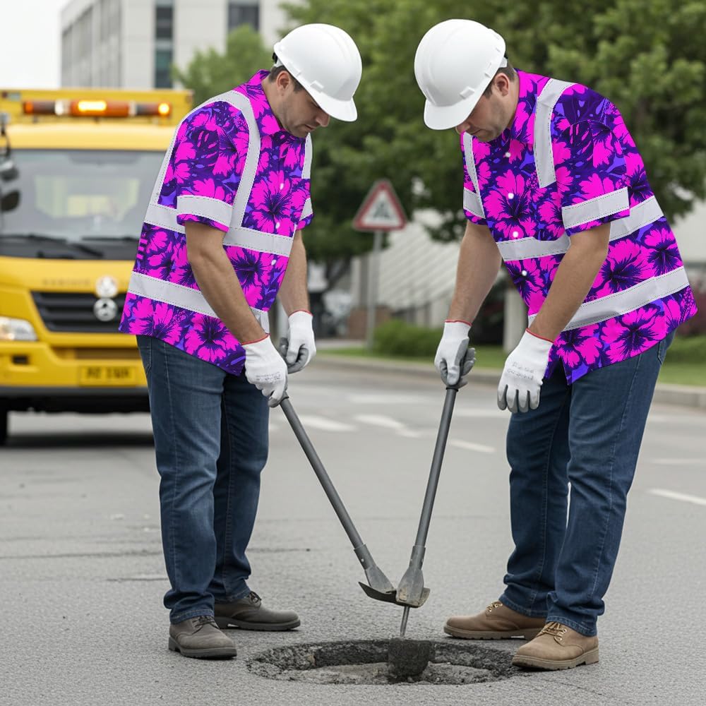 High Visibility Hawaiian Shirt for Men Tropical Shirts Custom Name Floral Outfit Reflective Safety Workwear