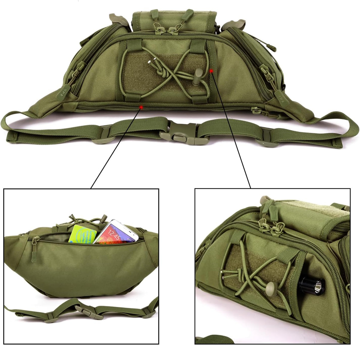 ArcEnCiel Tactical Fanny Pack for Men Women Waist Bag Hip Belt Outdoor Hiking Fishing Bumbag with Patch (Green)
