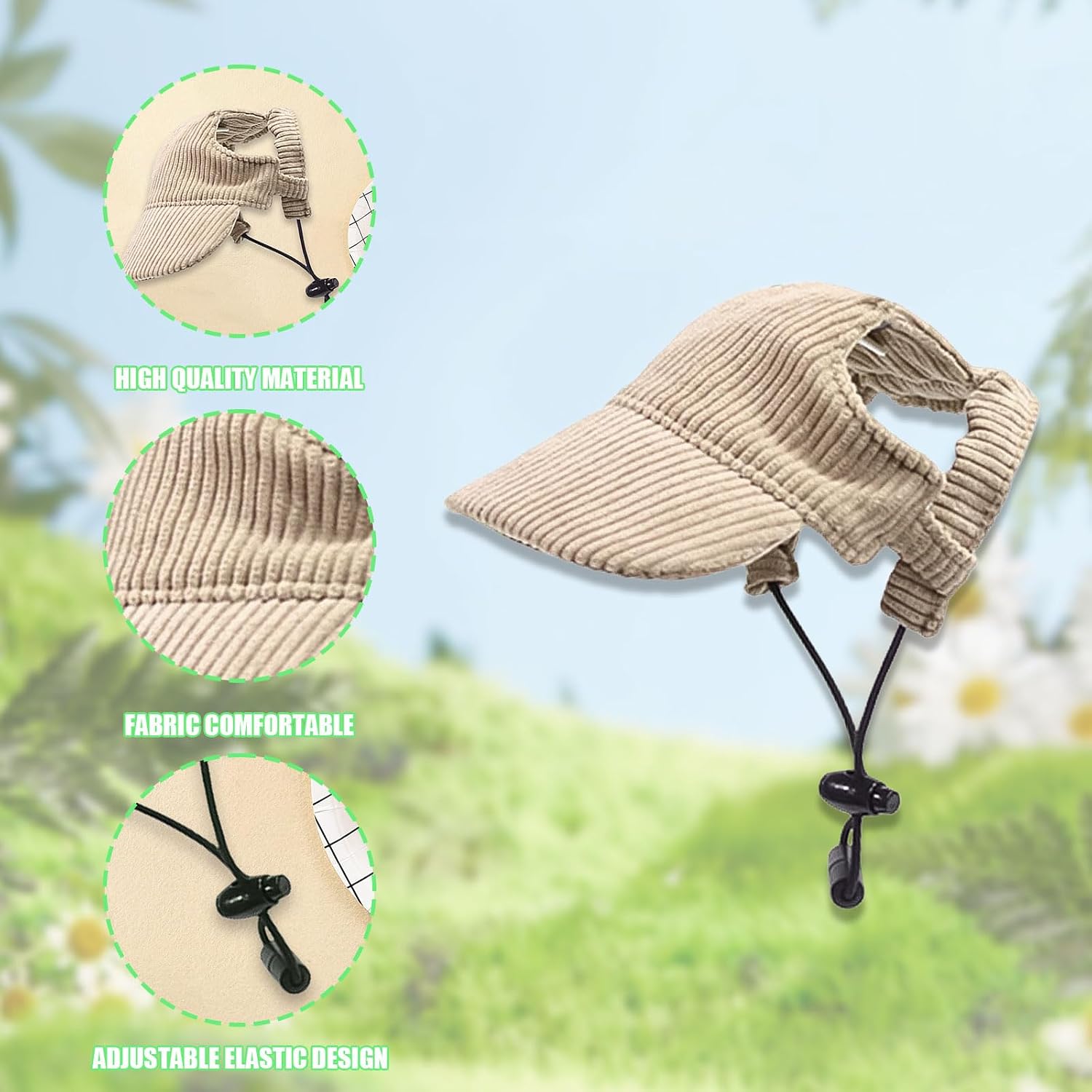 Dog Baseball Cap, Dog Cat Summer Beach Visor Hat with Ear Holes, Adjustable Puppy Sunbonnet Headdress (Khaki, X-Large)