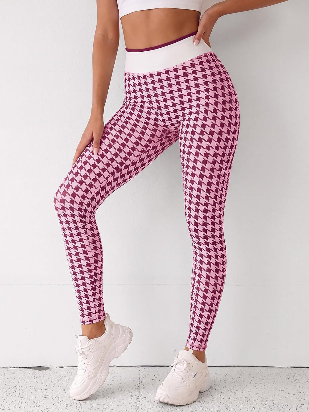 Aoysky Womens High Waist Houndstooth Leggings No Front Seam Yoga Pants