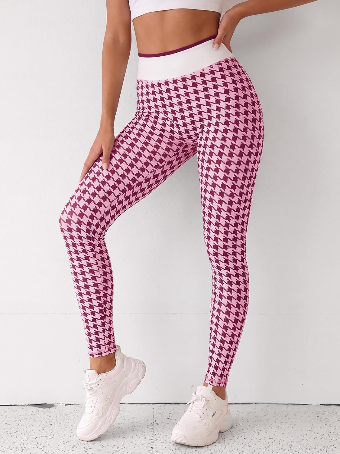 Aoysky Womens High Waist Houndstooth Leggings No Front Seam Yoga Pants
