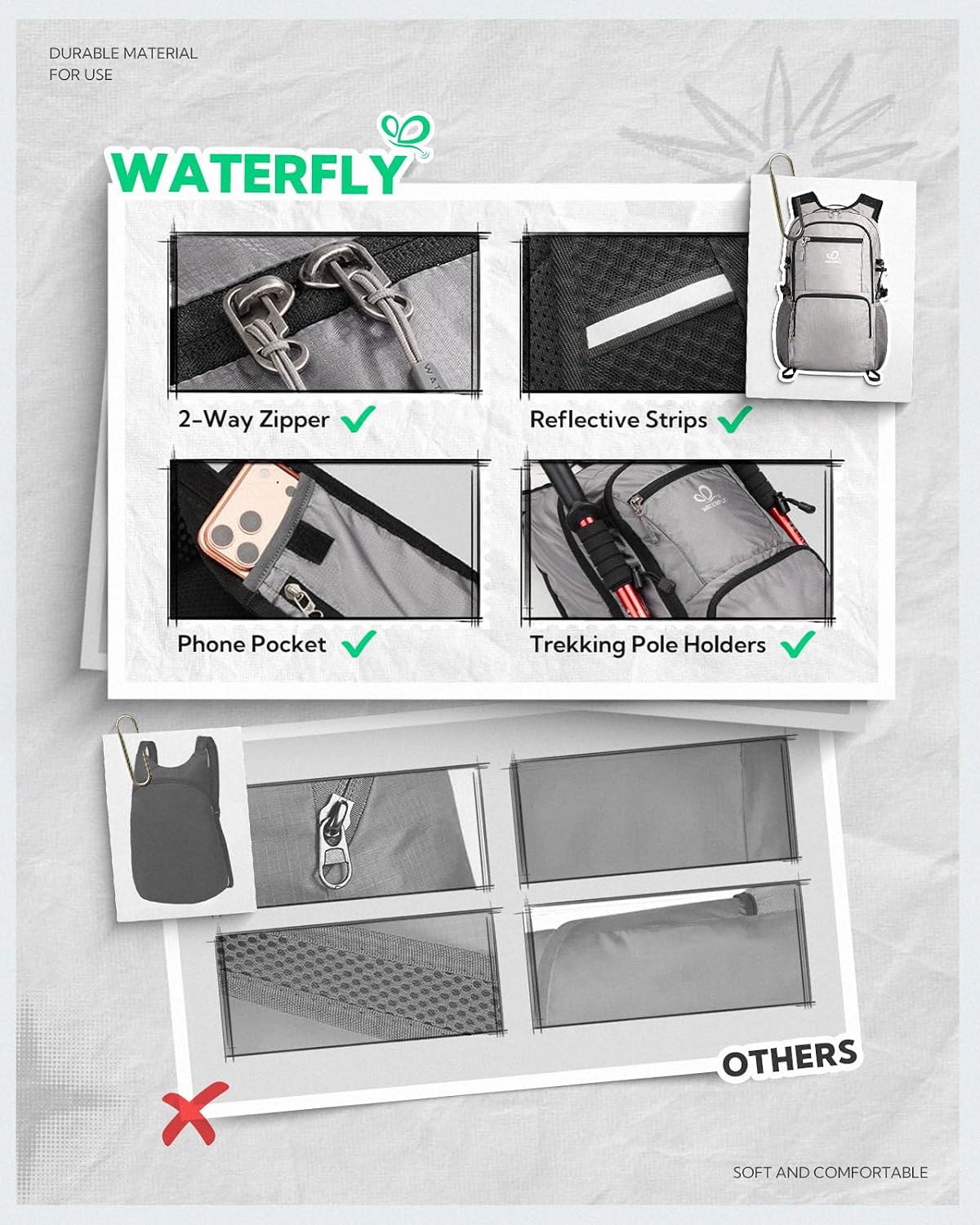 WATERFLY Packable Hiking Backpack, 20L Small Lightweight Foldable Daypack