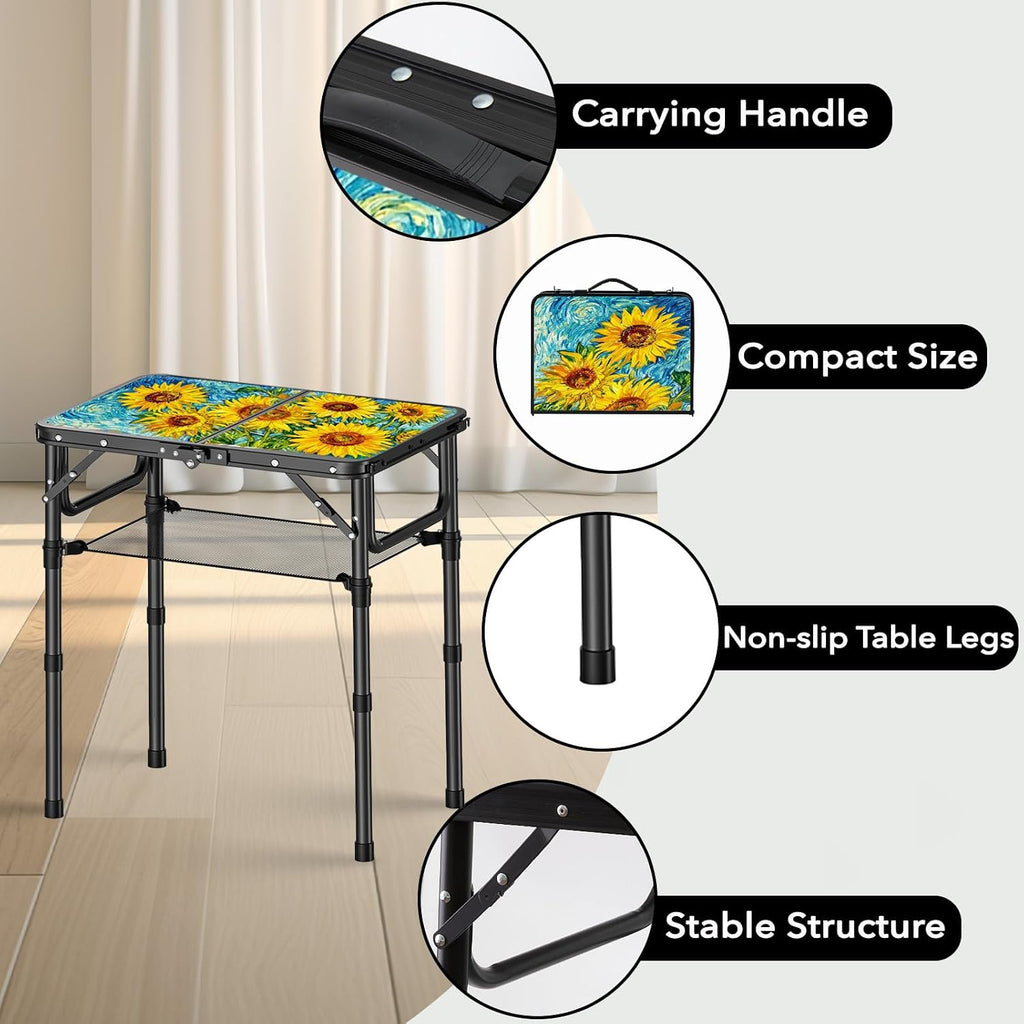 YihuiKo Small Camping Table, Vintage French Sunflower Pattern Folding Table