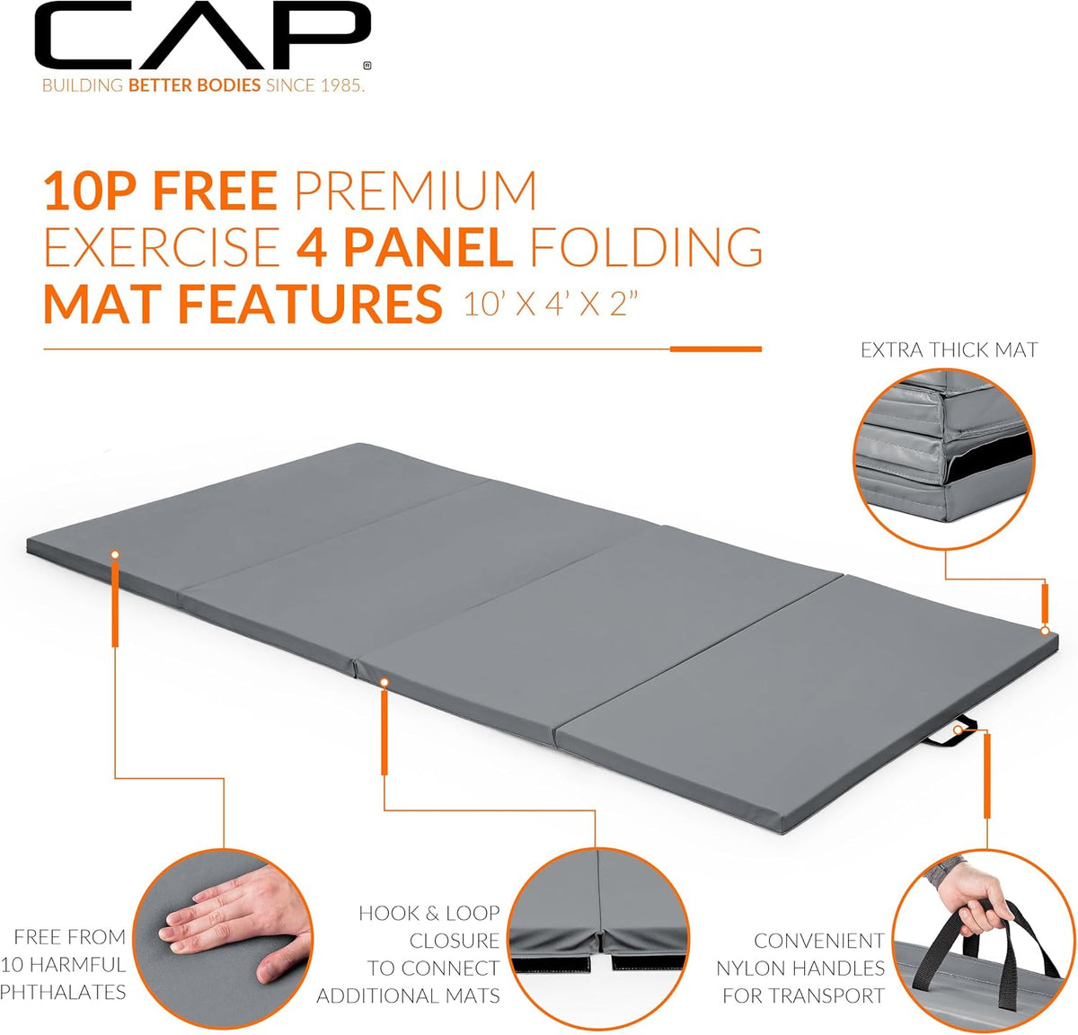 CAP Barbell All Purpose Folding Anti Tear Exercise Training Aerobic Fitness Gym & Gymnastics Balance Mat | 10' x 4' Multiple Colors and Thickness Options