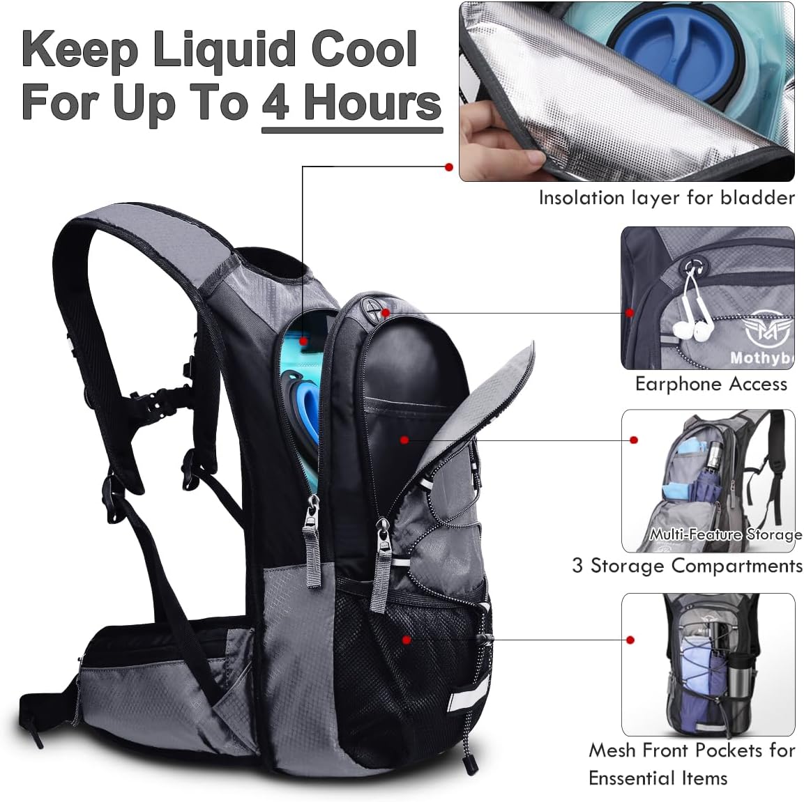 Mothybot Insulated Hydration Backpack Pack with 3L BPA Free Leak Proof Water Bladder, Large Storage Lightweight Hiking Daypack with Waist Pouches & Cooler Layer, for Running, Biking, Camping, Festival