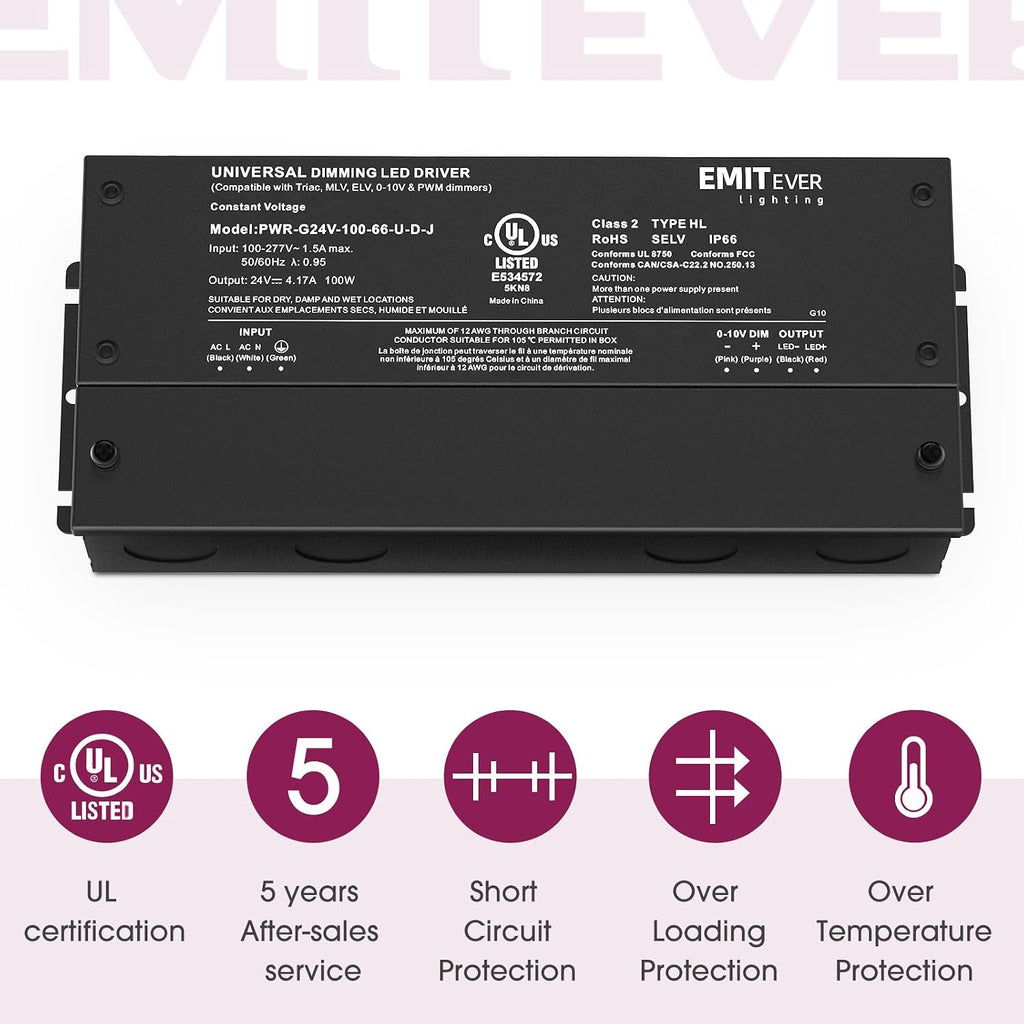 EMITEVER 2-Pack 100W 24V 5-in-1 Dimmable LED Driver, AC 110-277V to DC