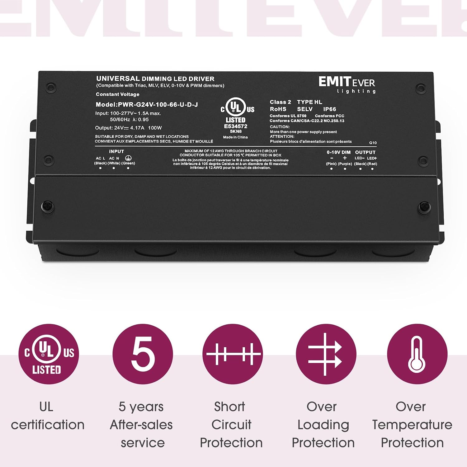 EMITEVER 2-Pack 100W 24V 5-in-1 Dimmable LED Driver, AC 110-277V to DC