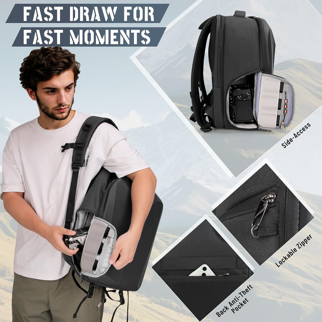 RAINSMORE Camera Backpack Hard Shell for DSLR/SLR Waterproof Camera Bag with Laptop Compartment 15.6 Inch Professional Camera Case with Rain Cover Photography Backpack Bag with Camera Lens Case Black