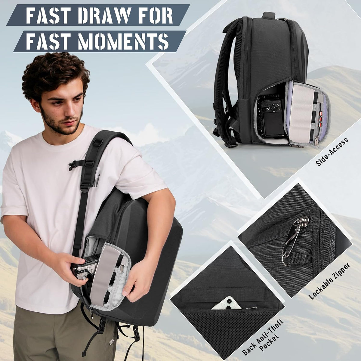 RAINSMORE Camera Backpack Hard Shell for DSLR/SLR Waterproof Camera Bag with Laptop Compartment 15.6 Inch Professional Camera Case with Rain Cover Photography Backpack Bag with Camera Lens Case Black