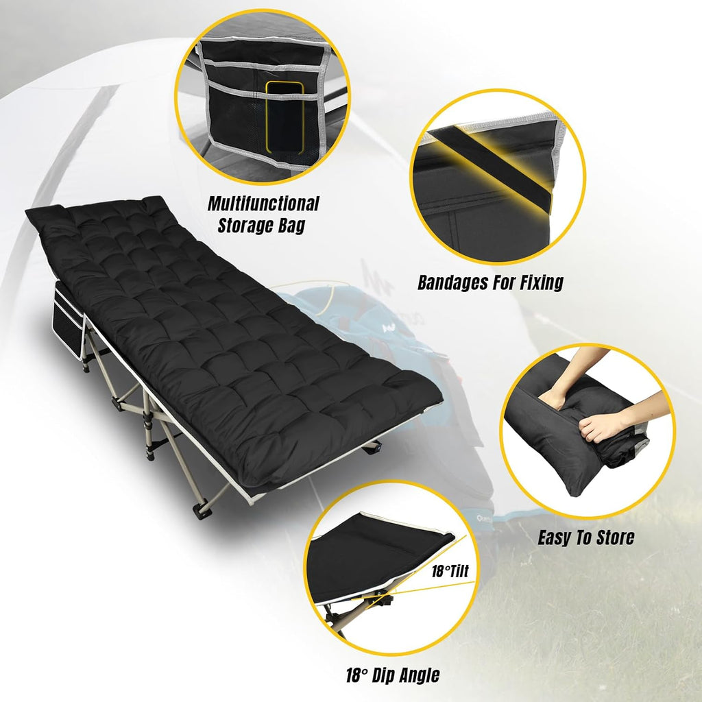 YELLOW JACKET Folding Camping Cot for Adults,600LBS Max Load,28" Wide Sleeping Cot with Removable Thick Mattress Portable Foldable Camping Bed with Carry Bag for Camp,Home,Office,Travel,Black