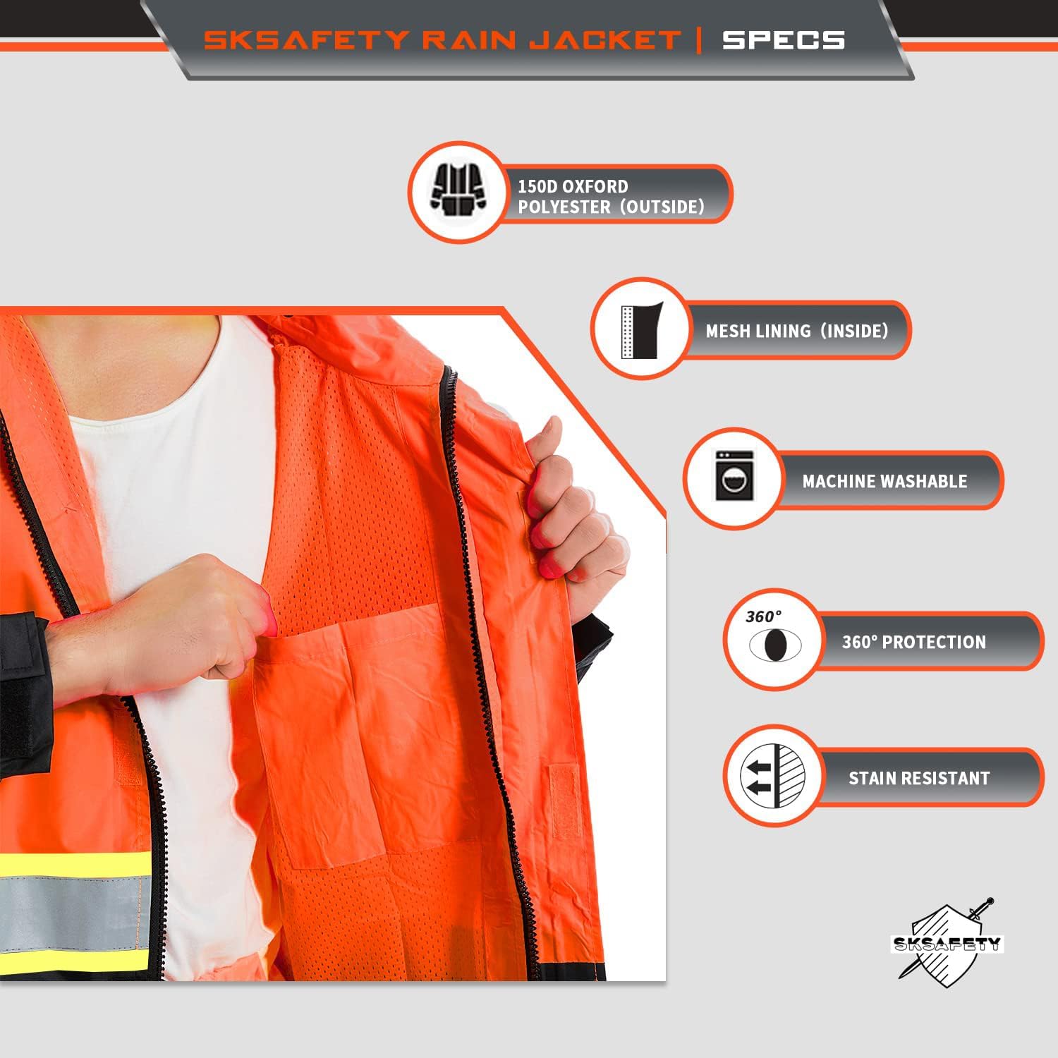 SKSAFETY Hi Vis Safety Rain Jacket for Men, Construction Work Rain Gear Heavy Duty Class 3 Rain Coat Waterproof Lightweight
