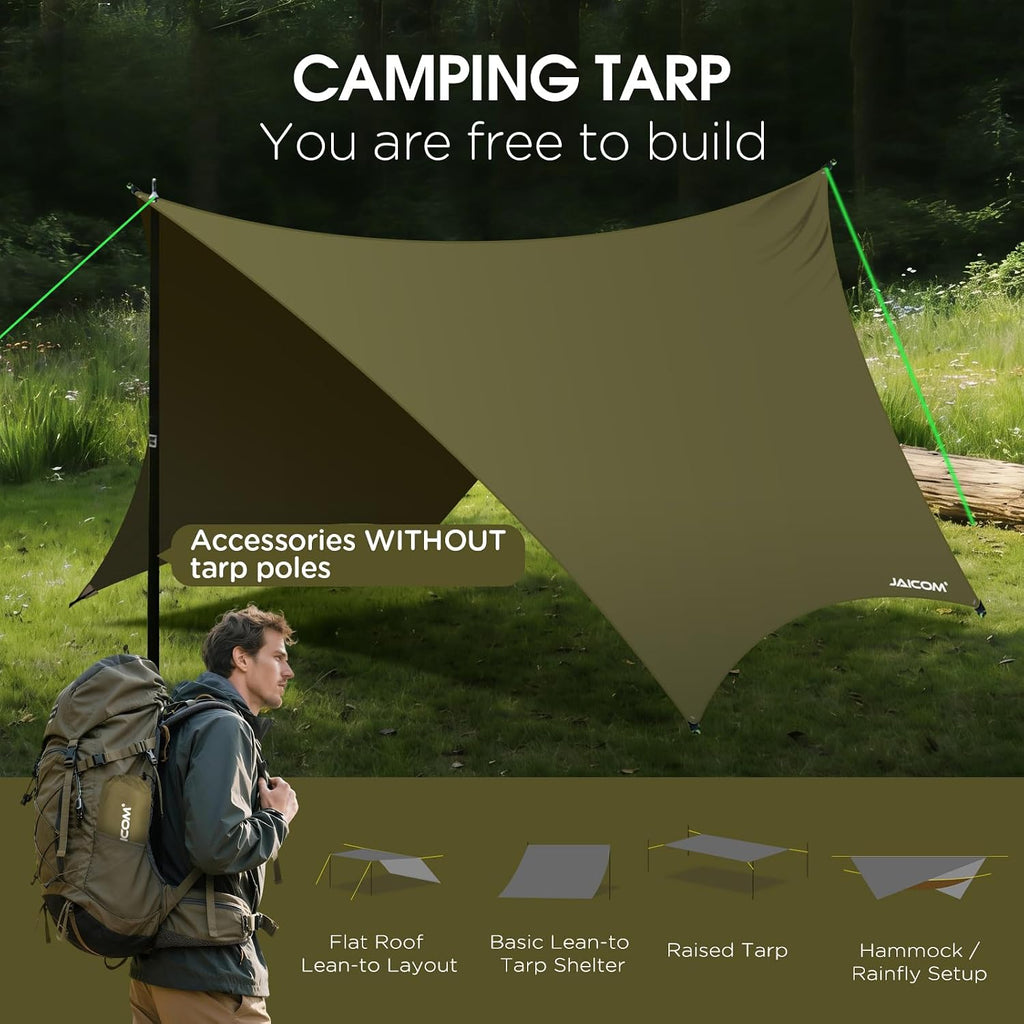 JAICOM Waterproof Hammock Rain Fly, 12ft x 9.5ft Portable Camping Tarp