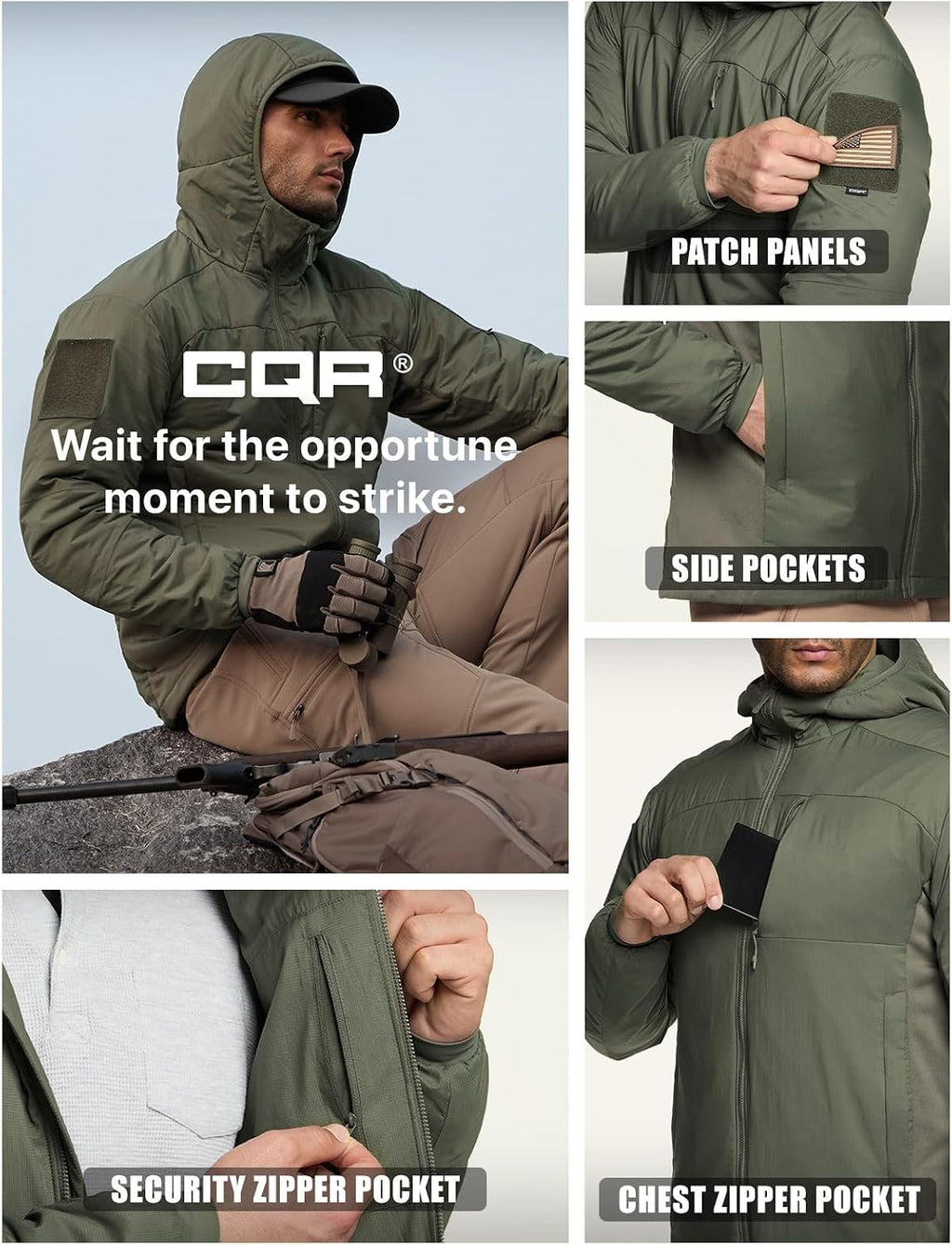 CQR Men's Lightweight Warm Insulated Jacket, Windproof Water Resistant Winter Active Coat for Hiking Work Outdoor Tactical