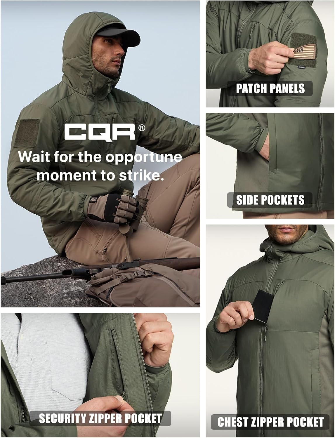 CQR Men's Lightweight Warm Insulated Jacket, Windproof Water Resistant Winter Active Coat for Hiking Work Outdoor Tactical
